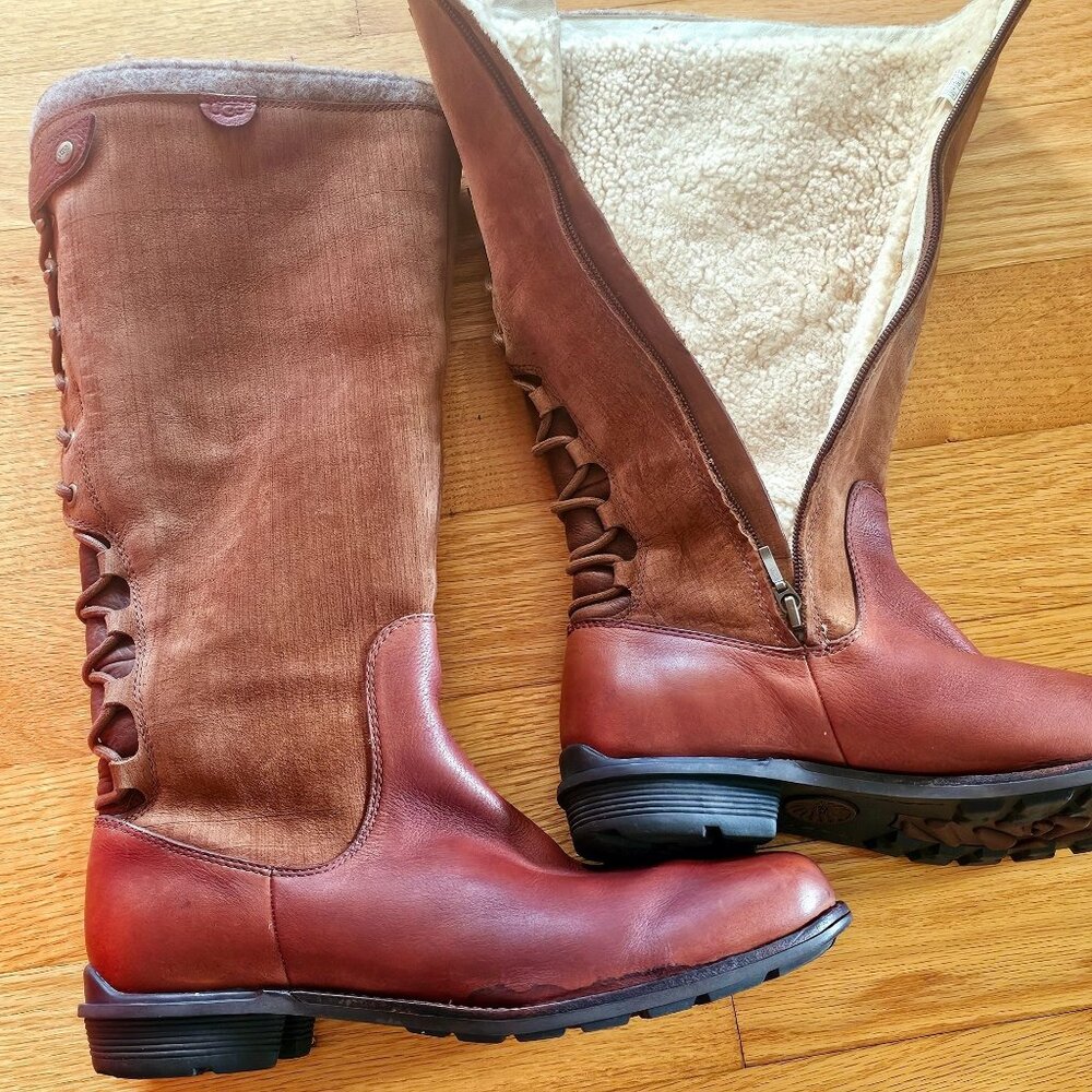 UGG Smithfield Womens Brown Leather Suede Shearling Knee-High Lace-Up Boots 10
